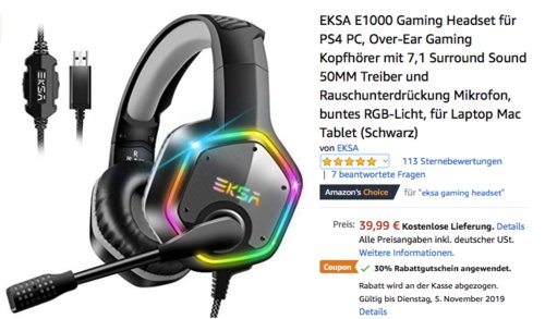 EKSA E1000 Gaming Headset mit 7,1 Surround Sound EKSA E1000 Gaming Headset mit 7,1 Surround Sound