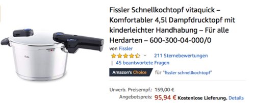 Fissler 4,5 Liter Schnellkochtopf vitaquick, für alle Herdarten geeignet Fissler 4,5 Liter Schnellkochtopf vitaquick, für alle Herdarten geeignet