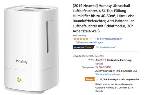 Homasy Ultraschall Luftbefeuchter, 4.5L Homasy Ultraschall Luftbefeuchter, 4.5L