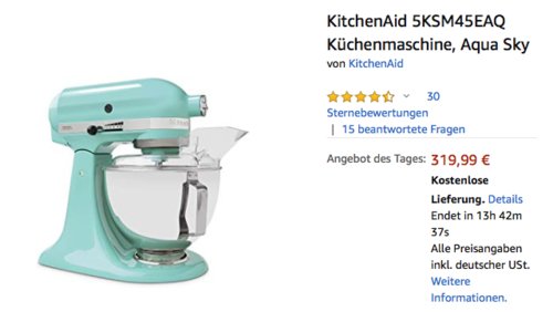 KitchenAid 5KSM45EAQ 4.3L Küchenmaschine, Aqua Sky KitchenAid 5KSM45EAQ 4.3L Küchenmaschine, Aqua Sky