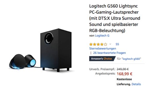 Logitech G560 Gaming PC-Lautsprechersystem mit Ultra Surround Sound und spielbasierter RGB-Beleuchtung, 120 Watt RMS Logitech G560 Gaming PC-Lautsprechersystem mit Ultra Surround Sound und spielbasierter RGB-Beleuchtung, 120 Watt RMS