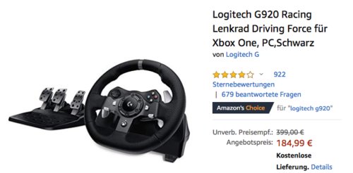 Logitech G920 Racing Lenkrad Driving Force für Xbox One oder PC Logitech G920 Racing Lenkrad Driving Force für Xbox One oder PC