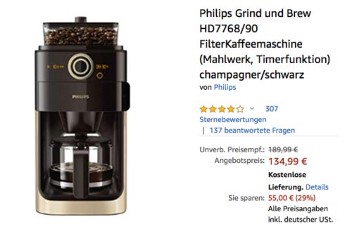 Philips Grind und Brew HD7768/90 Filterkaffeemaschine mit integriertem Edelstahlmahlwerk, champagner/schwarz - jetzt 10% billiger