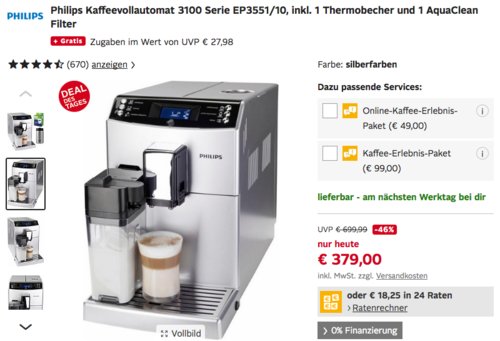 Philips Kaffeevollautomat 3100 Serie EP3551/10 Silberfarben inkl. Thermobecher und AquaClean Filter Philips Kaffeevollautomat 3100 Serie EP3551/10 Silberfarben inkl. Thermobecher und AquaClean Filter