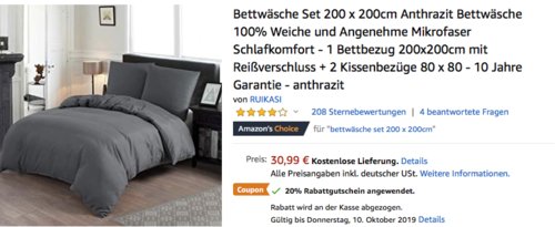 RUIKASI Bettwäsche Set 200 x 200cm Bettbezug + 2 x 80 x 80 cm Kissenbezüge  (grau, anthrazit, weiß) - jetzt 20% billiger