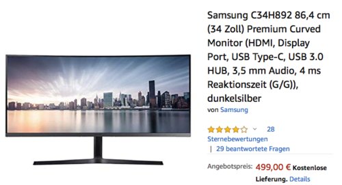 Samsung C34H892 86,4 cm (34 Zoll) Premium Curved Monitor, dunkelsilber Samsung C34H892 86,4 cm (34 Zoll) Premium Curved Monitor, dunkelsilber