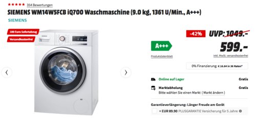 SIEMENS WM14W5FCB iQ700 Waschmaschine (9.0 kg, 1361 U/Min., A+++) SIEMENS WM14W5FCB iQ700 Waschmaschine (9.0 kg, 1361 U/Min., A+++)