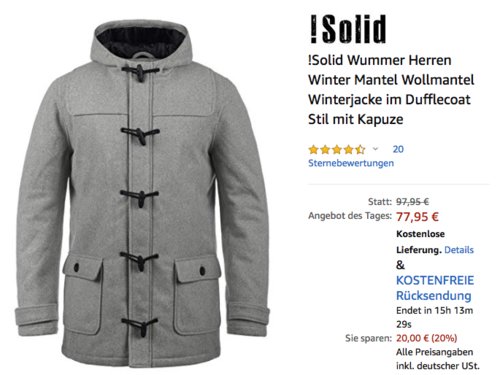 !Solid Wummer Herren Winter Wollmantel mit Kapuze, versch. Farben und Größen (S- XXL) !Solid Wummer Herren Winter Wollmantel mit Kapuze, versch. Farben und Größen (S- XXL)