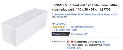 SONGMICS Sitzbank in Weiß mit 120 L Stauraum (Kunstleder, 110 x 38 x 38 cm) - jetzt 12% billiger SONGMICS Sitzbank in Weiß mit 120 L Stauraum (Kunstleder, 110 x 38 x 38 cm) - jetzt 12% billiger