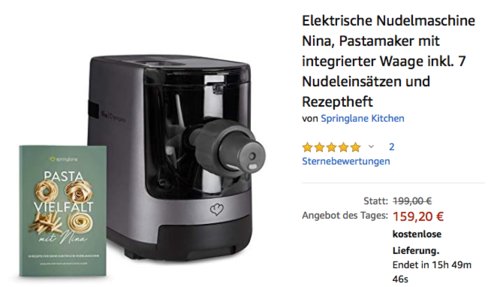 Springlane Kitchen Elektrische Nudelmaschine "Nina", Pastamaker mit integrierter Waage inkl. 7 Nudeleinsätzen und Rezeptheft - jetzt 11% billiger Springlane Kitchen Elektrische Nudelmaschine "Nina", Pastamaker mit integrierter Waage inkl. 7 Nudeleinsätzen und Rezeptheft - jetzt 11% billiger