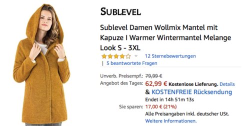 Sublevel Damen Wollmix Wintermantel mit Kapuze, versch. Farben (S - 3XL) Sublevel Damen Wollmix Wintermantel mit Kapuze, versch. Farben (S - 3XL)