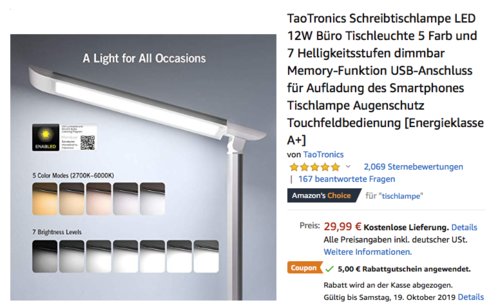 TaoTronics TT-DL13 LED-Schreibtischlampe mit 5 Farb- und 7 Helligkeitsstufen, weiß TaoTronics TT-DL13 LED-Schreibtischlampe mit 5 Farb- und 7 Helligkeitsstufen, weiß