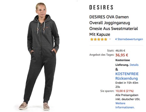DESIRES OVA Damen Overall/Jumpsuit mit Kapuze, versch. Farben und Größen DESIRES OVA Damen Overall/Jumpsuit mit Kapuze, versch. Farben und Größen