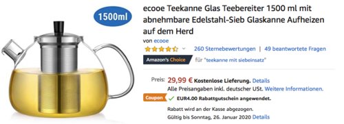 ecooe Glas-Teebereiter mit abnehmbarem Edelstahl-Sieb, 1500 ml ecooe Glas-Teebereiter mit abnehmbarem Edelstahl-Sieb, 1500 ml