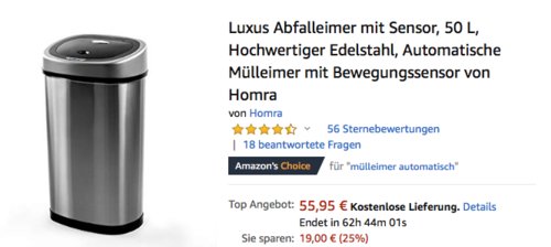 Homra Luxus Abfalleimer mit Sensor, 50 L Homra Luxus Abfalleimer mit Sensor, 50 L