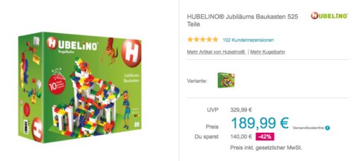 Hubelino 420466 Jubiläums Baukasten Kugelbahn, 525 Teile Hubelino 420466 Jubiläums Baukasten Kugelbahn, 525 Teile