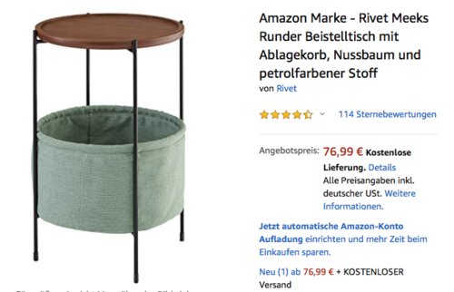 Rivet Meeks Runder Beistelltisch mit Ablagekorb, Nussbaum und petrolfarbener Stoff Rivet Meeks Runder Beistelltisch mit Ablagekorb, Nussbaum und petrolfarbener Stoff