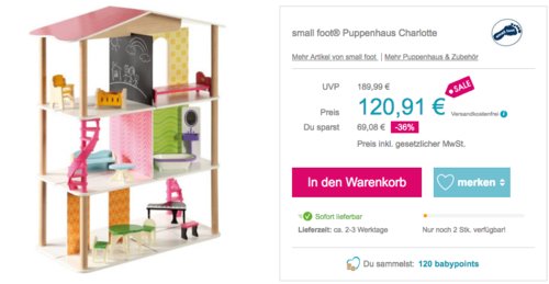 small foot® Holz Puppenhaus Charlotte inkl. 12 Einrichtungsgegenstände, 78 x 40 x 85 cm small foot® Holz Puppenhaus Charlotte inkl. 12 Einrichtungsgegenstände, 78 x 40 x 85 cm