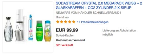 SodaStream Crystal 2.0 Wassersprudler Megapack, weiß (inkl. 2 x Glaskaraffe 0,6 L, 2 x Sodastream Sirup und 1x Kohlensäure-Zylinder) - jetzt 22% billiger