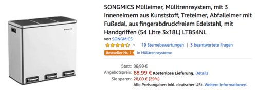 SONGMICS LTB54NL Edelstahl Mülltrennsystem mit 3 Inneneimern, 3x18L SONGMICS LTB54NL Edelstahl Mülltrennsystem mit 3 Inneneimern, 3x18L