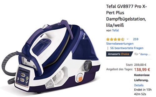 Tefal GV8977 Pro X-Pert Plus Dampfbügelstation, lila/weiß Tefal GV8977 Pro X-Pert Plus Dampfbügelstation, lila/weiß