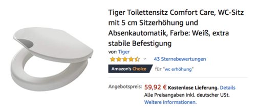 Tiger Toilettensitz Comfort Care, WC-Sitz mit 5 cm Sitzerhöhung und Absenkautomatik Tiger Toilettensitz Comfort Care, WC-Sitz mit 5 cm Sitzerhöhung und Absenkautomatik