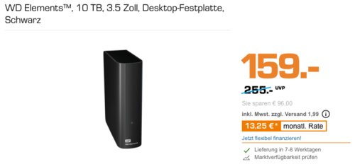 WD Elements 10 TB 3.5 Zoll Desktop-Festplatte USB 3.0 (WDBWLG0100HBK-EESN) WD Elements 10 TB 3.5 Zoll Desktop-Festplatte USB 3.0 (WDBWLG0100HBK-EESN)