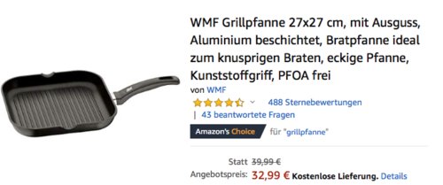 WMF Grillpfanne 27x27 cm, eckige Pfanne zum knusprigen Braten WMF Grillpfanne 27x27 cm, eckige Pfanne zum knusprigen Braten