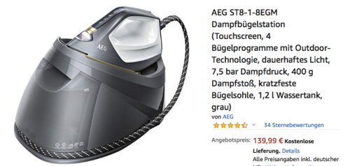 AEG ST8-1-8EGM Dampfbügelstation (7,5 bar Dampfdruck, 400 g Dampfstoß, kratzfeste Bügelsohle) - jetzt 19% billiger
