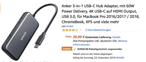 Anker 3-in-1 USB-C Hub Adapter mit 60W Power Delivery Anker 3-in-1 USB-C Hub Adapter mit 60W Power Delivery