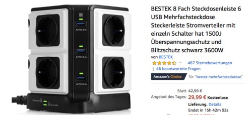 BESTEK MRJ8401 8 Fach Steckdosenleiste mit 6 USB-Ladeanschlüssen, schwarz oder blau BESTEK MRJ8401 8 Fach Steckdosenleiste mit 6 USB-Ladeanschlüssen, schwarz oder blau