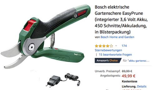 Bosch elektrische Gartenschere EasyPrune (3,6 Volt Akku, 450 Schnitte/Akkuladung, Blisterpackung) Bosch elektrische Gartenschere EasyPrune (3,6 Volt Akku, 450 Schnitte/Akkuladung, Blisterpackung)