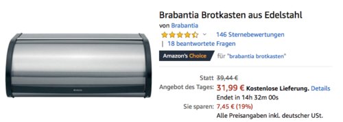 Brabantia Brotkasten aus Edelstahl, 16 Liter Brabantia Brotkasten aus Edelstahl, 16 Liter