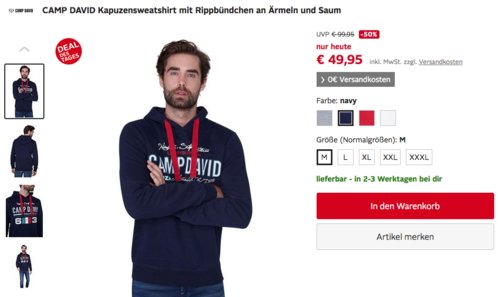 CAMP DAVID Herren Kapuzensweatshirt mit Rippbündchen an Ärmeln und Saum, versch. Farben und Größen CAMP DAVID Herren Kapuzensweatshirt mit Rippbündchen an Ärmeln und Saum, versch. Farben und Größen