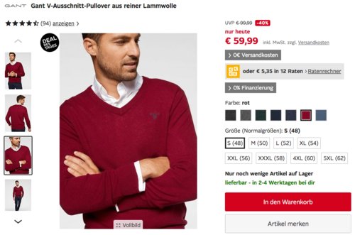 Gant Herren V-Ausschnitt-Pullover aus reiner Lammwolle, versch. Größen und Farben Gant Herren V-Ausschnitt-Pullover aus reiner Lammwolle, versch. Größen und Farben
