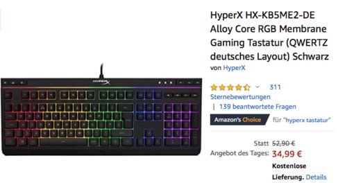 HyperX HX-KB5ME2-DE Alloy Core RGB Membrane Gaming Tastatur HyperX HX-KB5ME2-DE Alloy Core RGB Membrane Gaming Tastatur