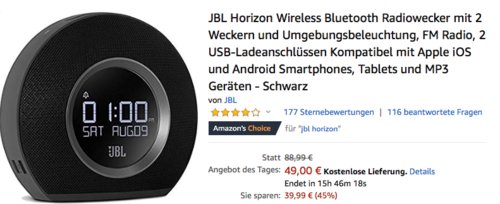 JBL Horizon Wireless Bluetooth Radiowecker mit Umgebungsbeleuchtung, schwarz JBL Horizon Wireless Bluetooth Radiowecker mit Umgebungsbeleuchtung, schwarz