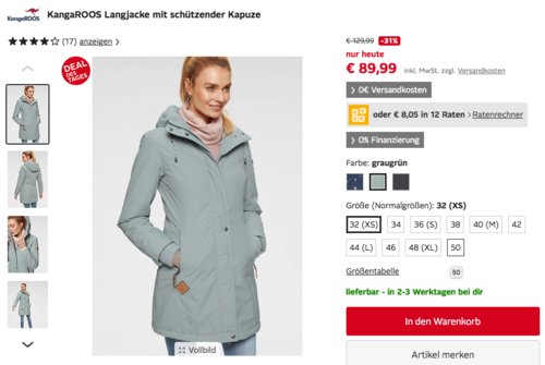 KangaROOS Damen Langjacke mit schützender Kapuze, versch. Farben und Größen KangaROOS Damen Langjacke mit schützender Kapuze, versch. Farben und Größen