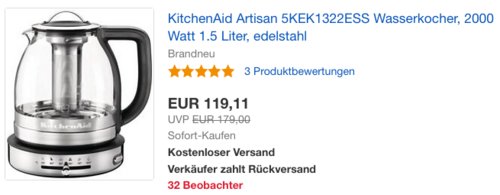 KitchenAid Artisan 5KEK1322ESS Wasserkocher, 1.5 Liter - jetzt 12% billiger KitchenAid Artisan 5KEK1322ESS Wasserkocher, 1.5 Liter - jetzt 12% billiger