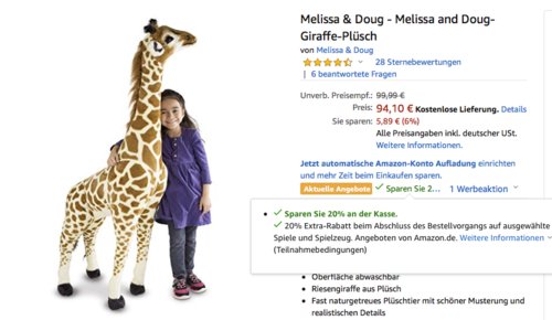 Melissa & Doug Plüsch Giraffe, 137 cm hoch Melissa & Doug Plüsch Giraffe, 137 cm hoch