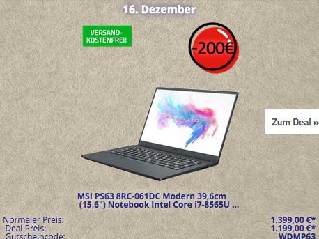 MSI PS63 8RC-061DC Modern 39,6cm (15,6") Notebook (i7-8565U, 16GB RAM, 512GB SSD, Full HD, GTX 1050, Win10 Pro) MSI PS63 8RC-061DC Modern 39,6cm (15,6") Notebook (i7-8565U, 16GB RAM, 512GB SSD, Full HD, GTX 1050, Win10 Pro)