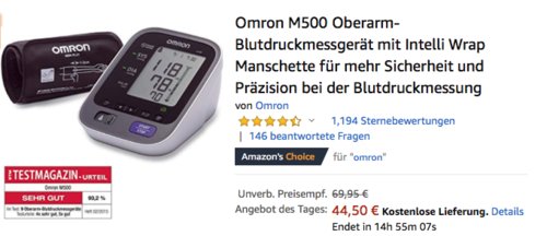 Omron M500 Oberarm-Blutdruckmessgerät mit Intelli Wrap Manschette Omron M500 Oberarm-Blutdruckmessgerät mit Intelli Wrap Manschette