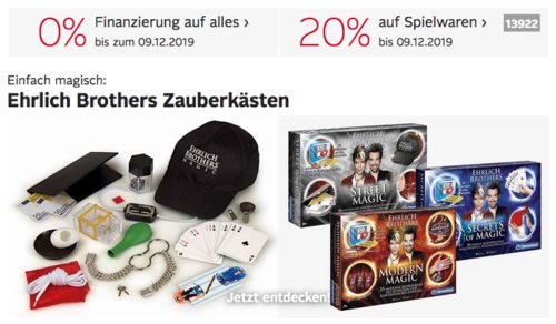 Otto.de - 20% Rabatt auf Spielwaren-Sortiment: z.B. Clementoni® Zauberkasten "Ehrlich Brothers: Secrets of Magic" Otto.de - 20% Rabatt auf Spielwaren-Sortiment: z.B. Clementoni® Zauberkasten "Ehrlich Brothers: Secrets of Magic"