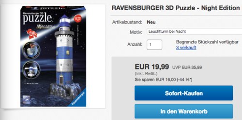 Ravensburger 3D Puzzle - Leuchtturm bei Nacht, Night Edition Ravensburger 3D Puzzle - Leuchtturm bei Nacht, Night Edition