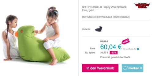 SITTING BULL® Happy Zoo Kinder Sitzsack Fine, grün (79 x 37 x 59 cm) SITTING BULL® Happy Zoo Kinder Sitzsack Fine, grün (79 x 37 x 59 cm)