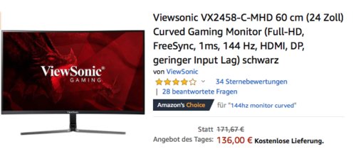 Viewsonic VX2458-C-MHD 60 cm (24 Zoll) Curved Gaming Monitor (FreeSync, 1ms, 144 Hz, HDMI, DP) Viewsonic VX2458-C-MHD 60 cm (24 Zoll) Curved Gaming Monitor (FreeSync, 1ms, 144 Hz, HDMI, DP)