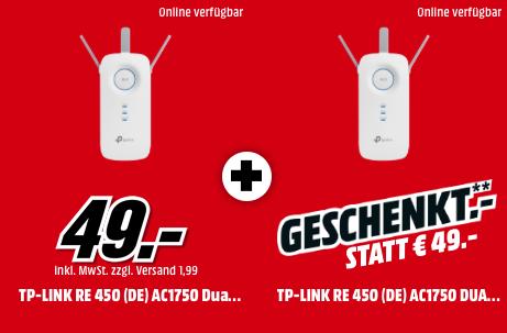WLAN Repeater TP-LINK RE450 Gigabit (AC1750-Dualband), 2er Set WLAN Repeater TP-LINK RE450 Gigabit (AC1750-Dualband), 2er Set