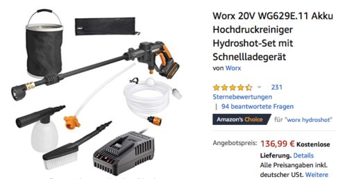 Worx 20V WG629E.11 Akku-Hochdruckreiniger mit Schnellladegerät Worx 20V WG629E.11 Akku-Hochdruckreiniger mit Schnellladegerät