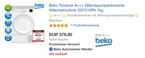Beko DS7512PA 7kg Wärmepumpentrockner,  A+++ - jetzt 20% billiger