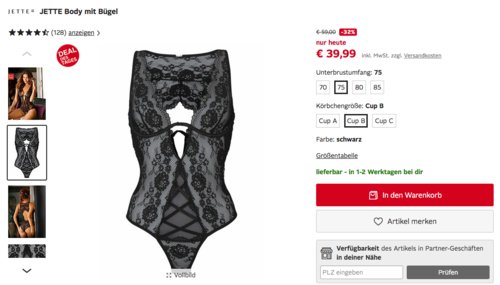 Damen Spitzenbody mit Bügel in Schwarz von JETTE, versch. Größen Damen Spitzenbody mit Bügel in Schwarz von JETTE, versch. Größen